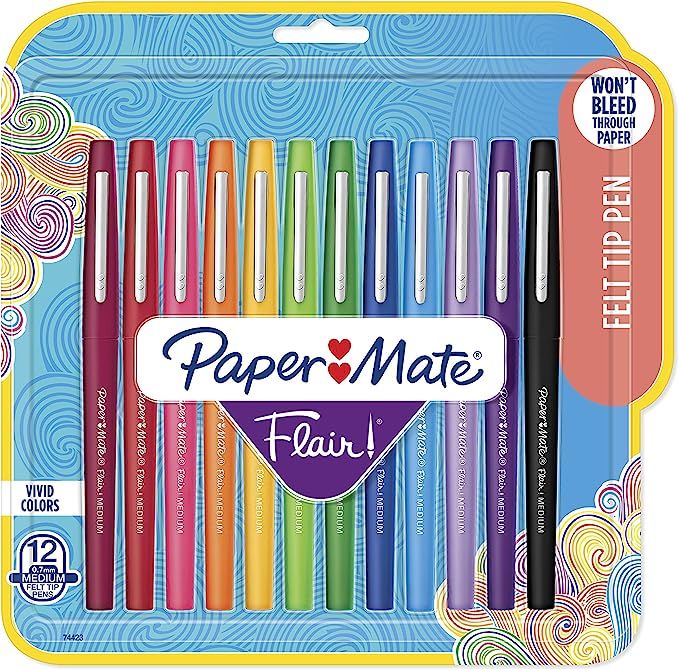 Paper Mate Flair Felt Tip Pens, Medium Point (0.7mm), Assorted Colors, 12 Count | Amazon (US)