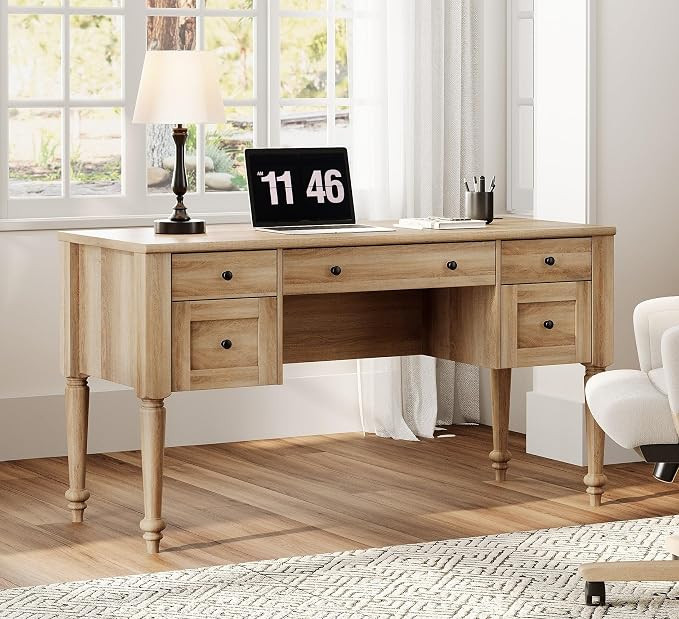 WAMPAT Farmhouse Executive Desk with Drawers, 56 Inch Writing Desk, Oak | Vintage Home Office Des... | Amazon (US)