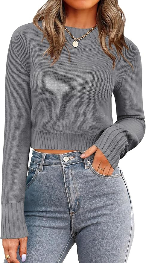 Zeagoo Women's 2026 Fall Crewneck Cropped Sweater Trendy Long Sleeve Ribbed Knit Pullover Jumper ... | Amazon (US)