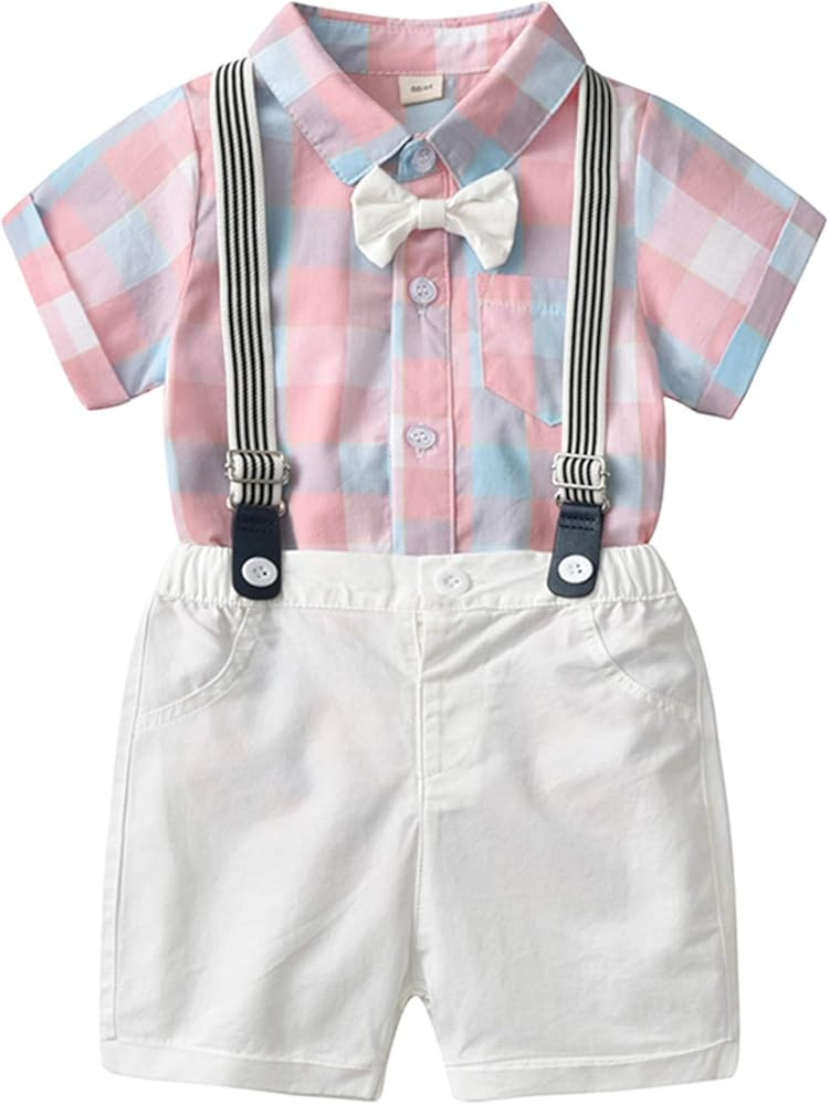 Baby Boys Gentleman Outfits Suits, Infant Short Sleeves Shirt+Bib Pants+Bow Tie Overalls Clothes ... | Amazon (US)