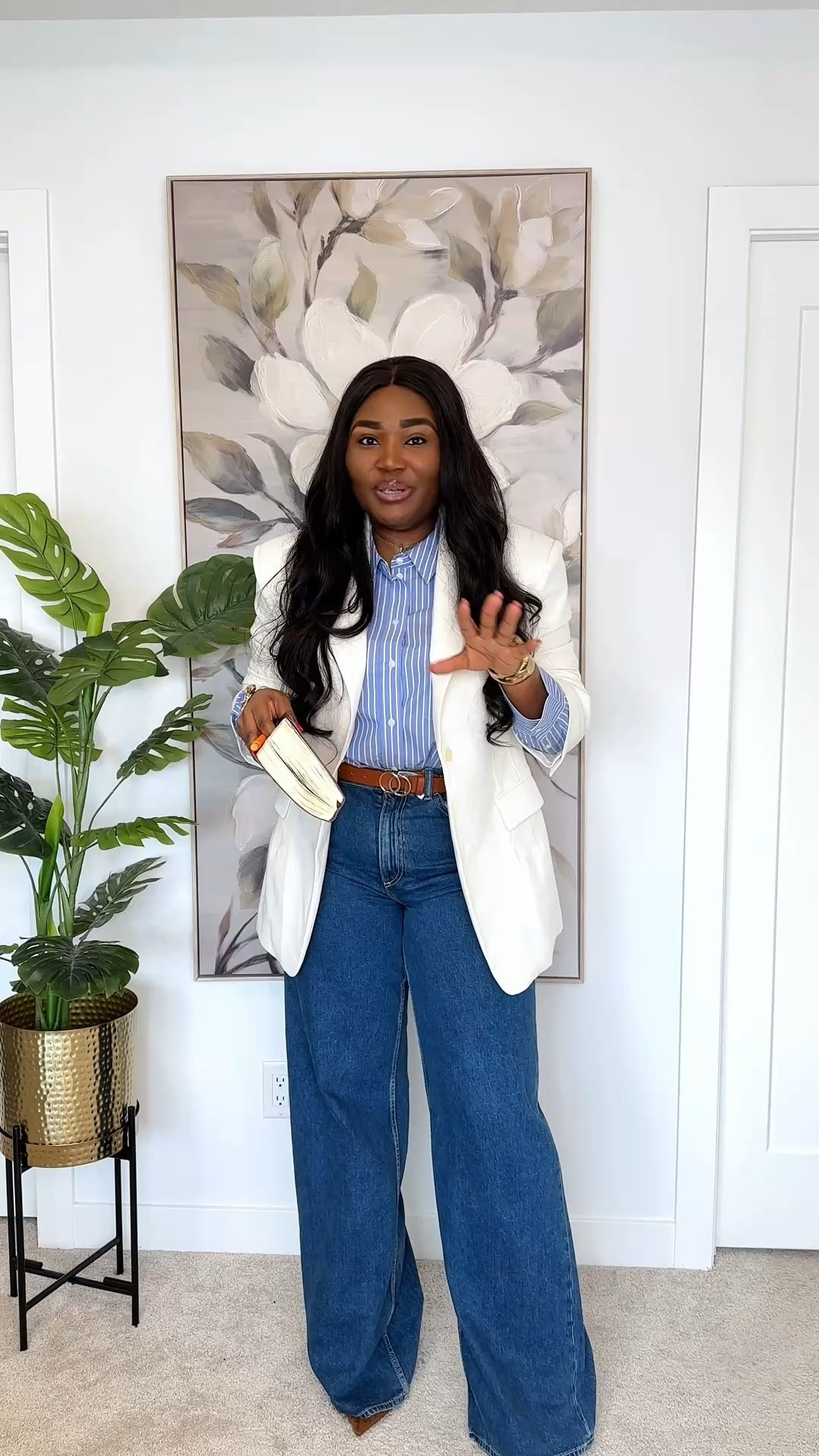 A boss look that can be easily recreated. Striped shirt. Wide leg jeans. White blazer  

#LTKmodest #LTKstyletip #LTKcanada