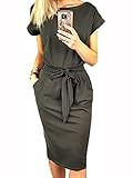 PRETTYGARDEN Women's Summer Short Sleeve Crewneck Striped Dress Basic Solid Tie Waist Office T Sh... | Amazon (US)
