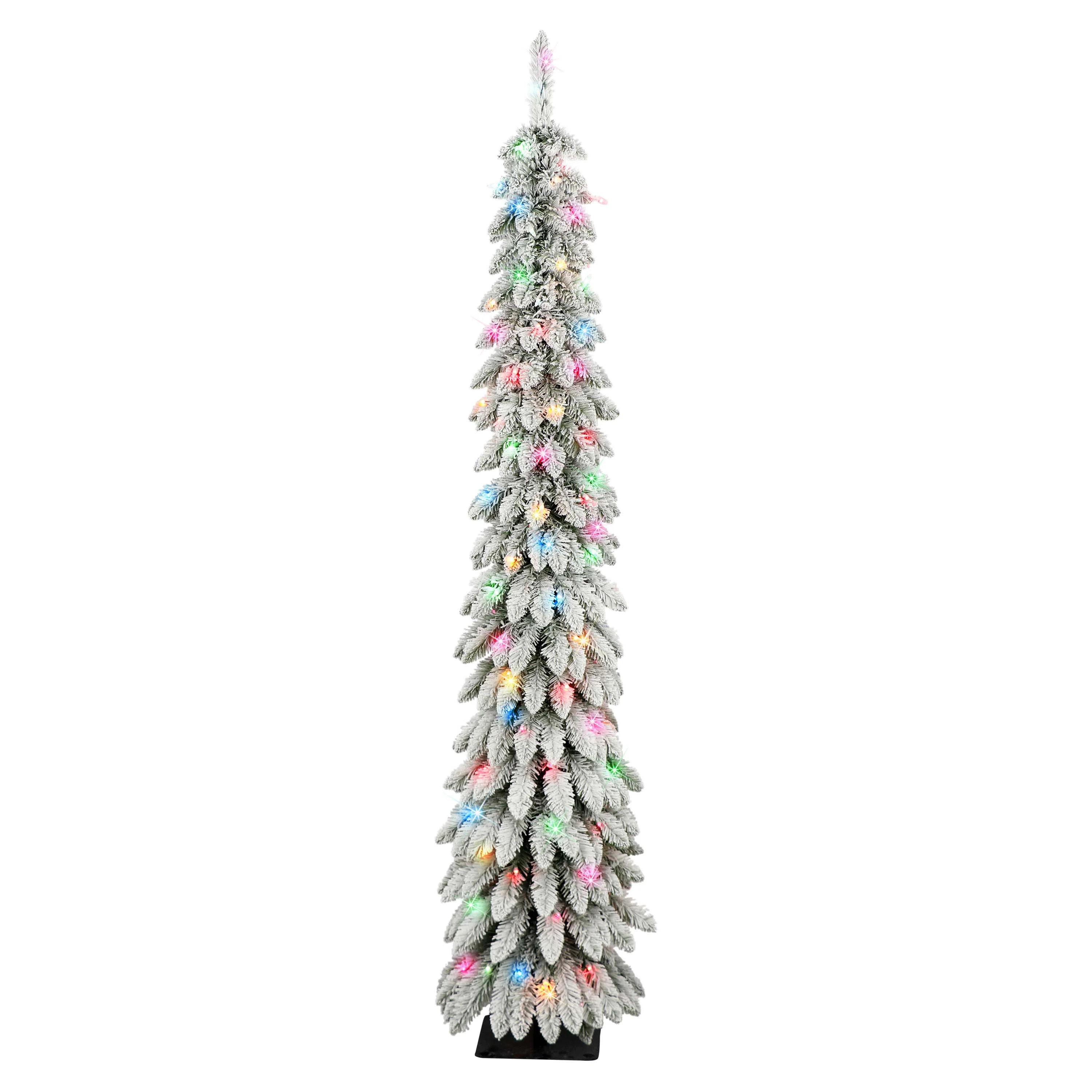 6 ft Pre-lit Flocked Alpine Pencil Tree 261 tips 100 UL Multi-color Incandescent Lights | Walmart (US)