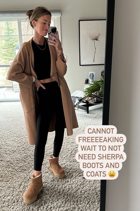 Linking this outfit from instagram 
Cold weather running errands outfit 
Knit coat 
Platform Uggs