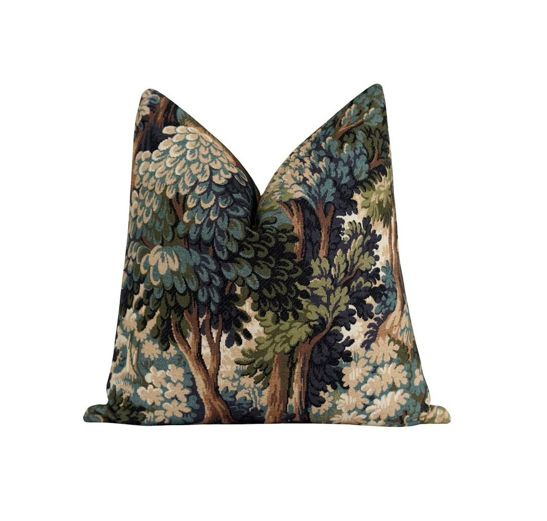 Forest Tree Motif Pillow Cover • Tapestry Style Forest Scene in Green Brown Tan Teal • Moody ... | Etsy (US)