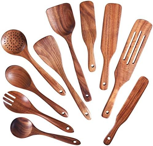 Wooden Spoons for Cooking ,GUDAMAYE 10 PCE Wooden Kitchen Utensils Set,Wooden Cooking Utensils For N | Amazon (US)