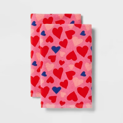 2pk Valentines Day All Over Heart Bath Hand Towel Set Pink - Threshold™ | Target