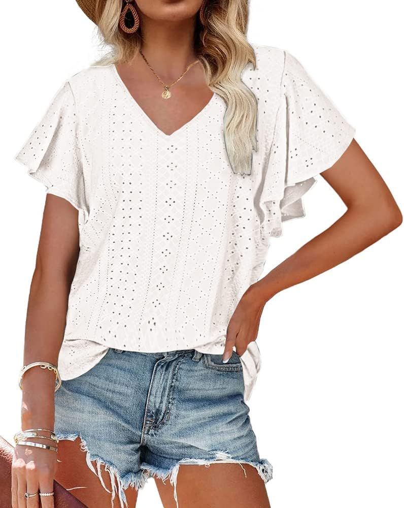 Womens Casual Tops Summer Short Sleeve Shirt V Neck Loose Fit Blouse S-XXL | Amazon (US)