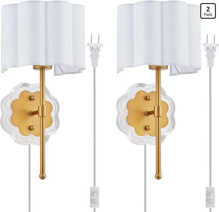 MhyTogn Modern Plug-in Wall Sconce Set of 2, with Creamy-White Fabric Flower and Antique Brass Br... | Amazon (US)