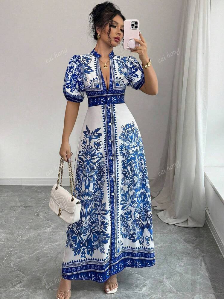 Women's Long Porcelain Print Dress, Spring/Summer | SHEIN