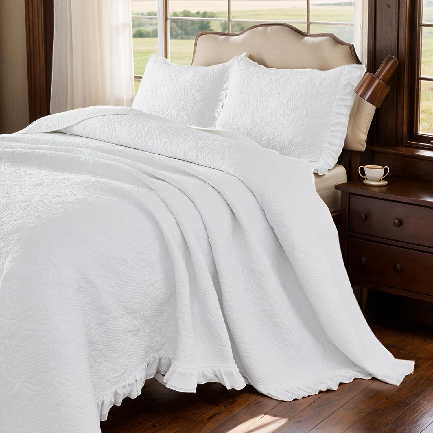Brandream White Quilt Set King Size Cotton Paisley Matelasse Coverlet Set Farmhouse Ruffle Bedspr... | Amazon (US)
