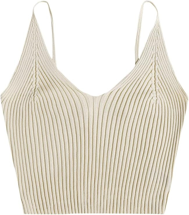 SweatyRocks Women's V Neck Crop Cami Top Ribbed Knit Spaghetti Strap Sleeveless Vest | Amazon (US)