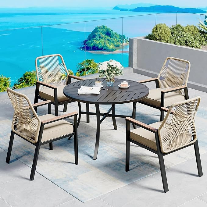 5 Pieces Patio Dining Set, 4 x Woven Rattan Chairs with Waterproof Cushion, 42” Metal Round Din... | Amazon (US)