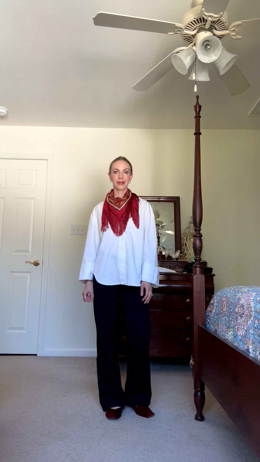 Fall workwear outfit, teacher outfit, @Zara fringe paisley scarf, @Fitory velvet ballet flats