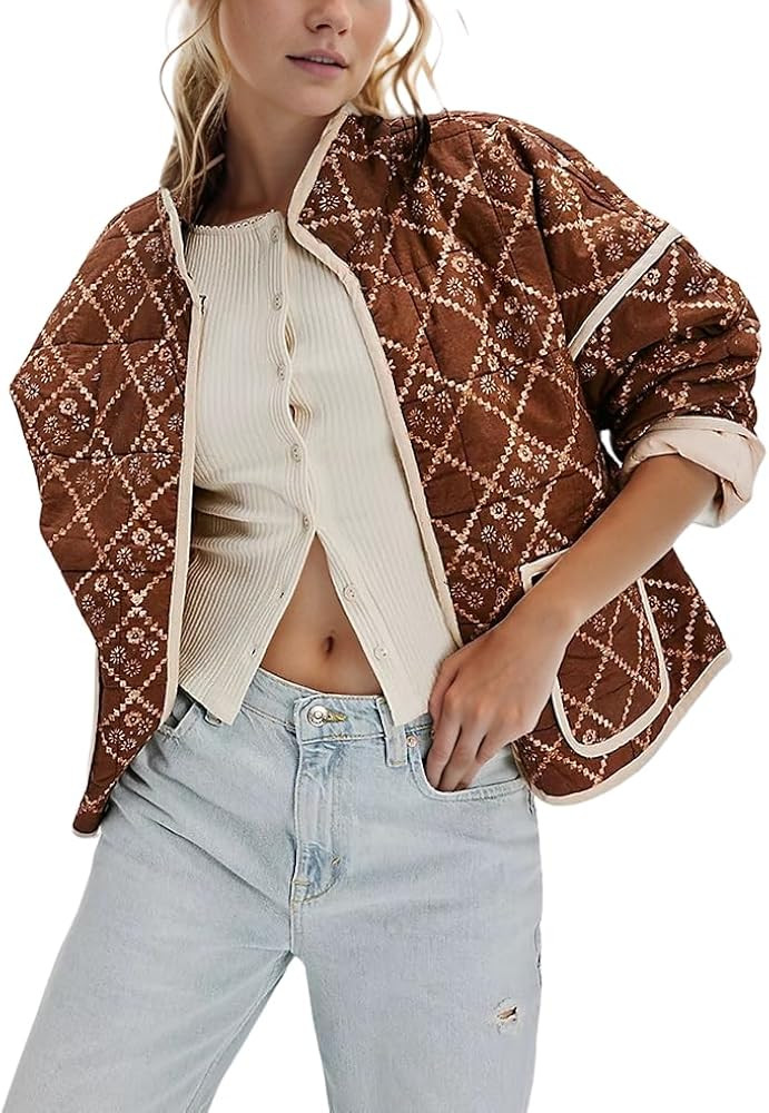 Omoone Women's Cropped Quilted Jacket Floral Printed LightWeight Padded Puffer Cardigan Coat Outw... | Amazon (US)