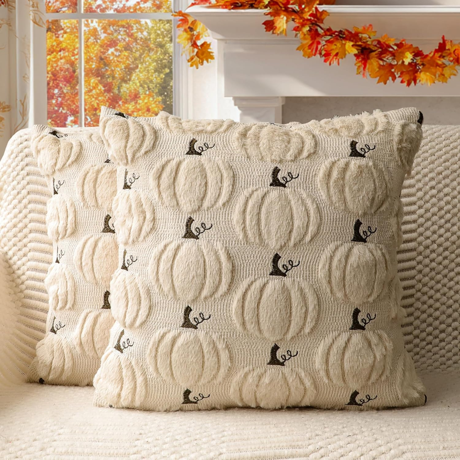 4TH Emotion Fall Pumpkin Decorative Pillow Covers 18"x18" Set of 2, Beige Soft Plush Faux Fur Thr... | Amazon (US)