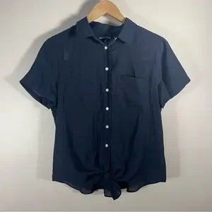 J.Crew Mercantile Dark Navy Tie Waist Button Front Top Size Medium | Poshmark