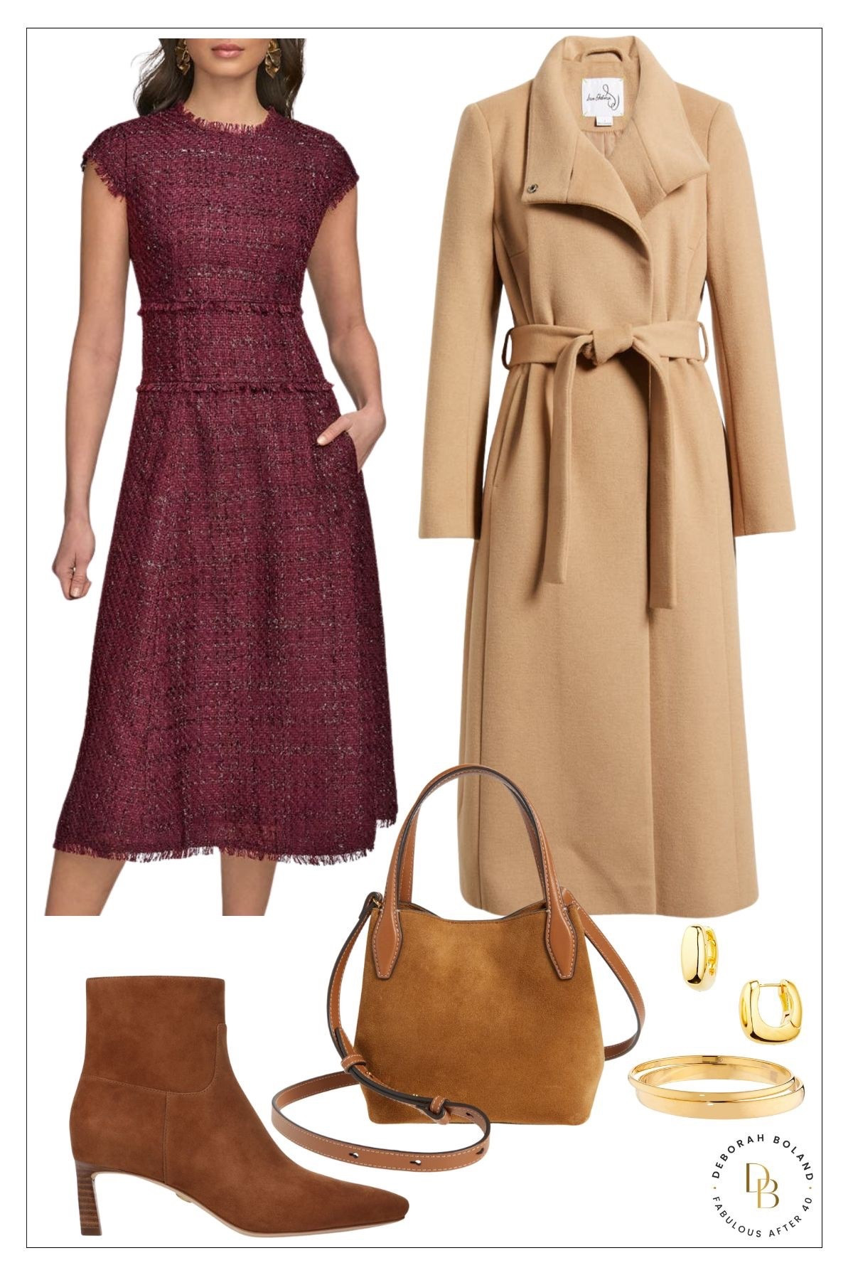 A timeless mix of texture and tone 🍷✨ This burgundy tweed dress brings just the right amount of structure and polish, made even more luxe with a long camel coat draped over the shoulders. Paired with tan suede booties and a matching bag, it’s fall layering done right. And yes—every piece is on sale now at the Nordstrom Anniversary Sale! #NordstromAnniversarySale #FallStyle #TweedTrend #Over50Style #PolishedAndChic #FabulousAfter40 

#LTKSaleAlert #LTKOver40 #LTKSeasonal