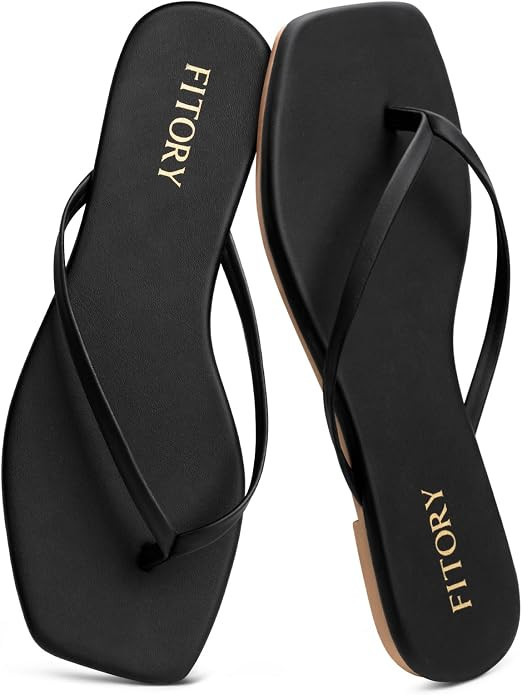 FITORY Womens Flip Flops, Square Open Toe Leather Thong Sandals, Comfortable and Dressy Flat Slid... | Amazon (US)