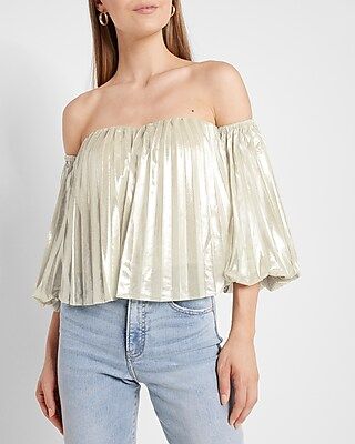 Metallic Pleated Off The Shoulder Balloon Sleeve Top | Express