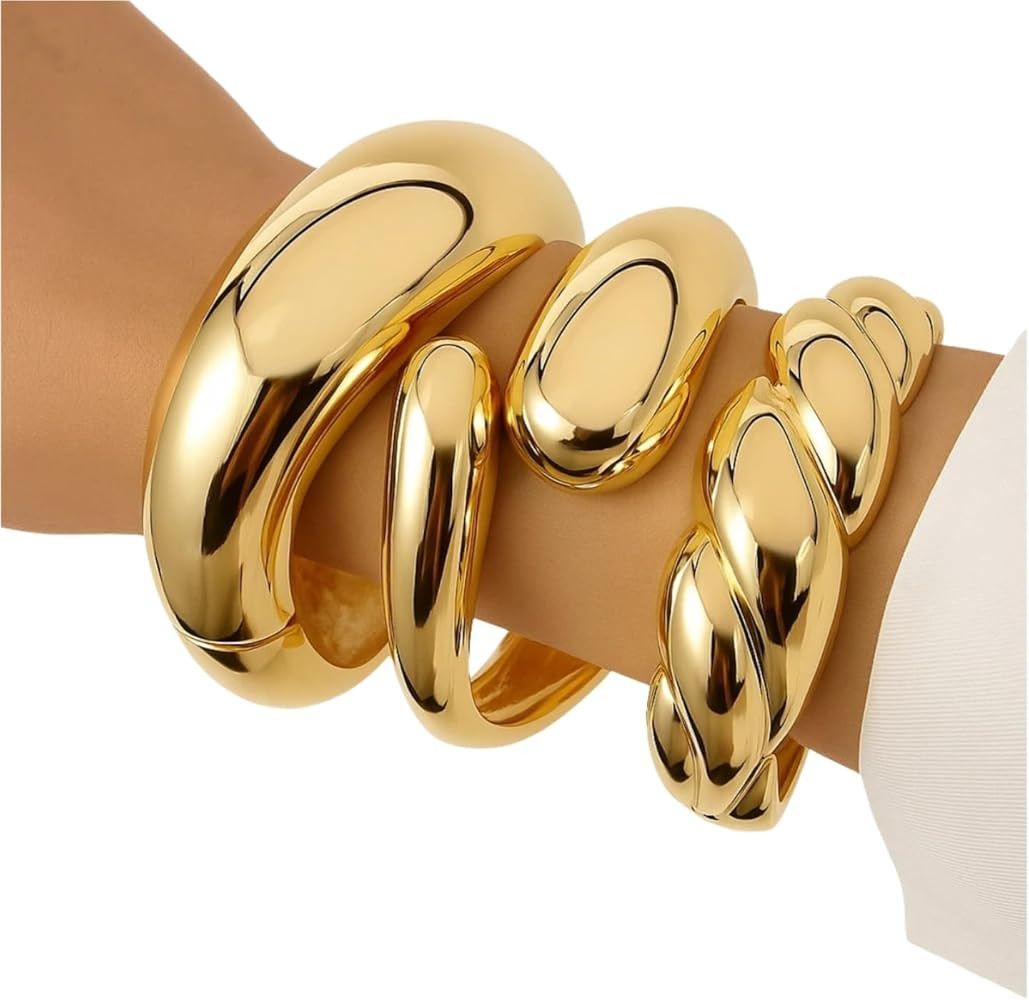 Chunky Gold Bangle Bracelets for Women – 14K Gold Plated, 3-Piece Stackable Cuff Bangles Set, T... | Amazon (US)