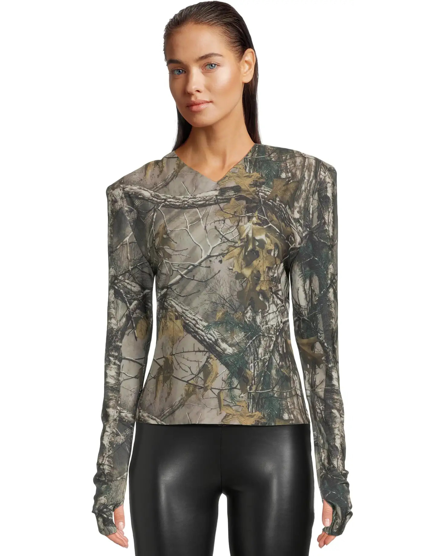 Long Sleeve Shoulder Pad V-Neck Top | Zappos