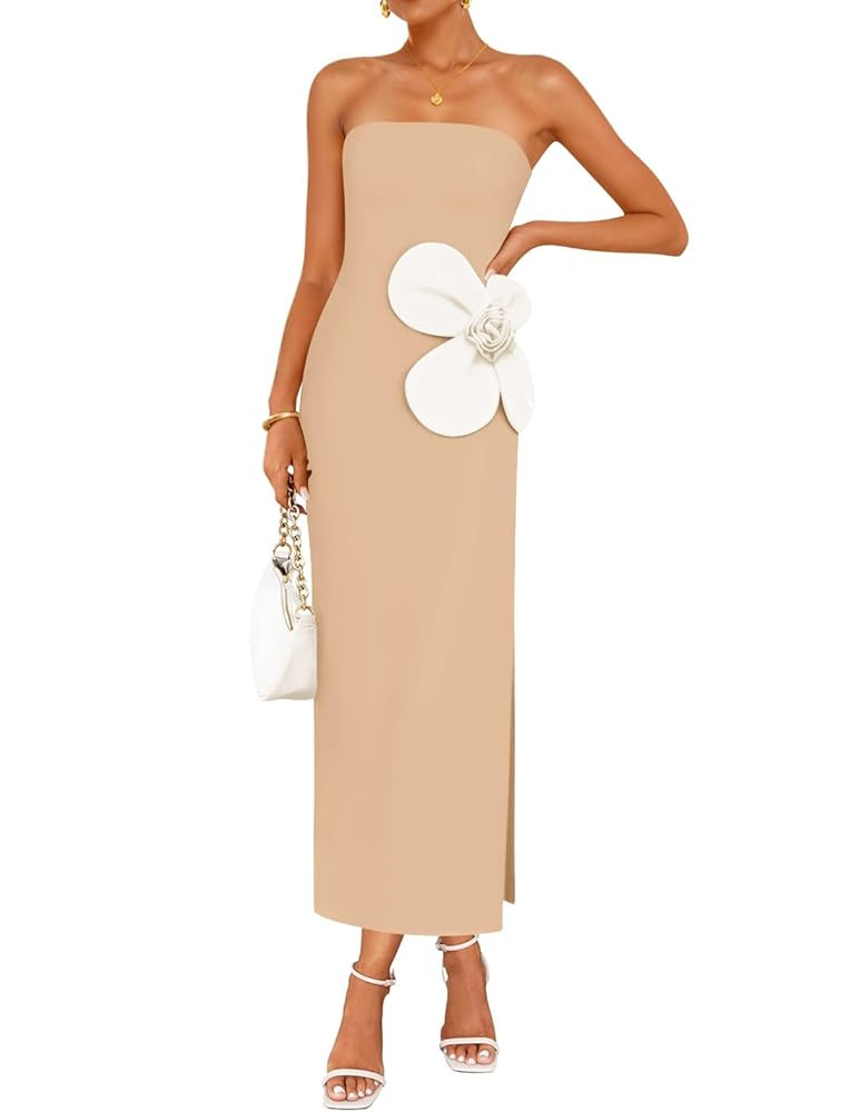 ZESICA Women's Summer Strapless Bodycon Maxi Dress 2025 Ribbed Knit Backless Floral Tube Cocktail... | Amazon (US)