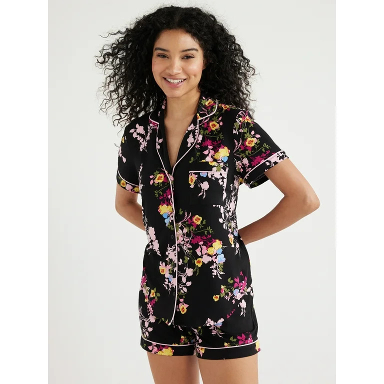 Joyspun Women's Knit Notch Collar Top and Shorts Pajama Set, 2-Piece, Sizes S to 3X | Walmart (US)