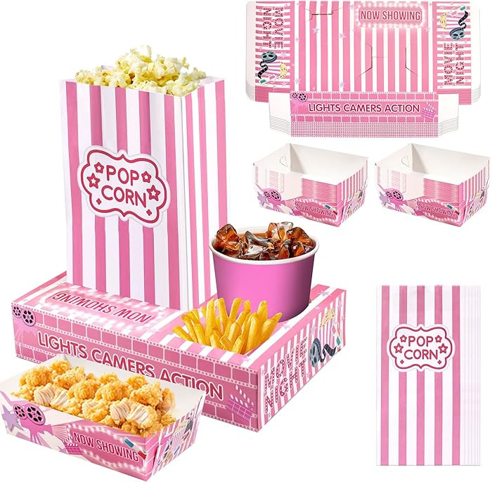 Pink Movie Night Party Supplies: 24 Snack Boxes, 12 Food Trays, 12 Popcorn Bags – Cute Disposab... | Amazon (US)