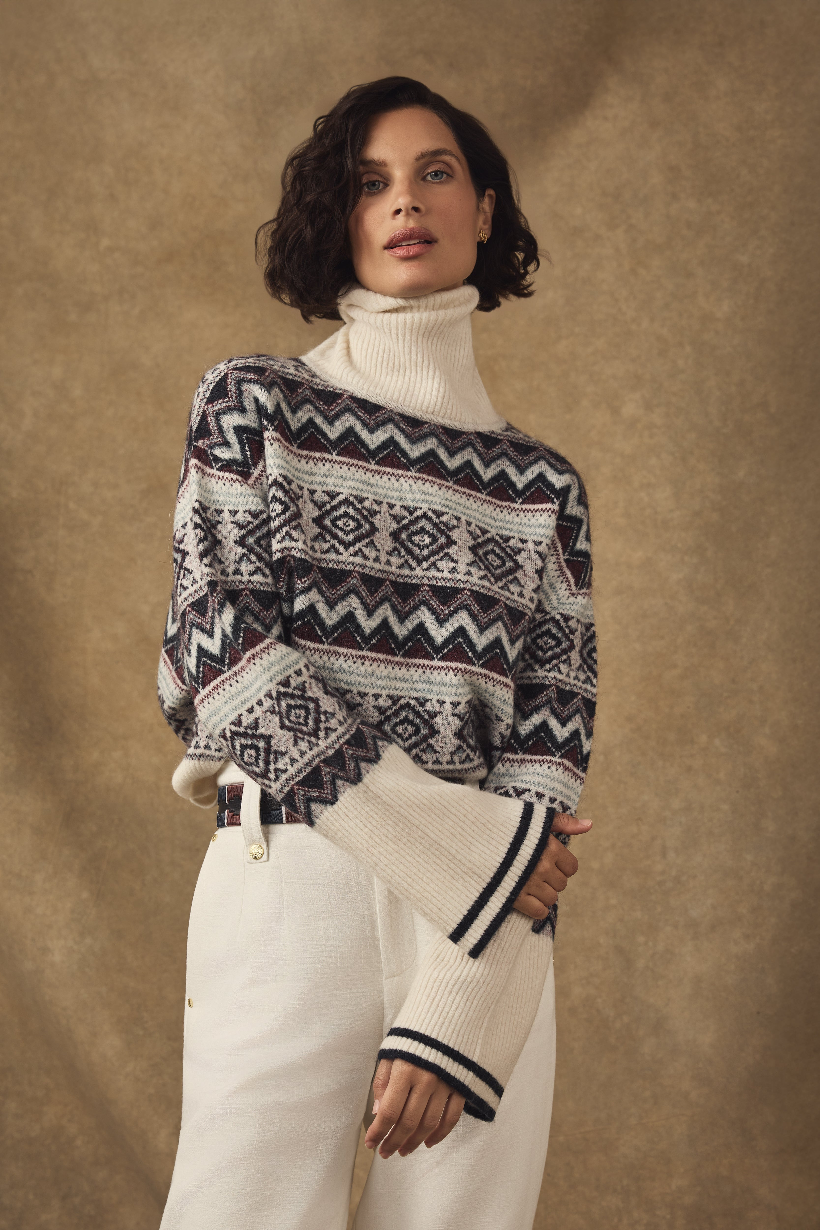 Antonia Fairisle Roll Neck Knit (Natural Blue) | Holland Cooper