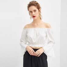 Bell Sleeve Crop Bardot Blouse | SHEIN