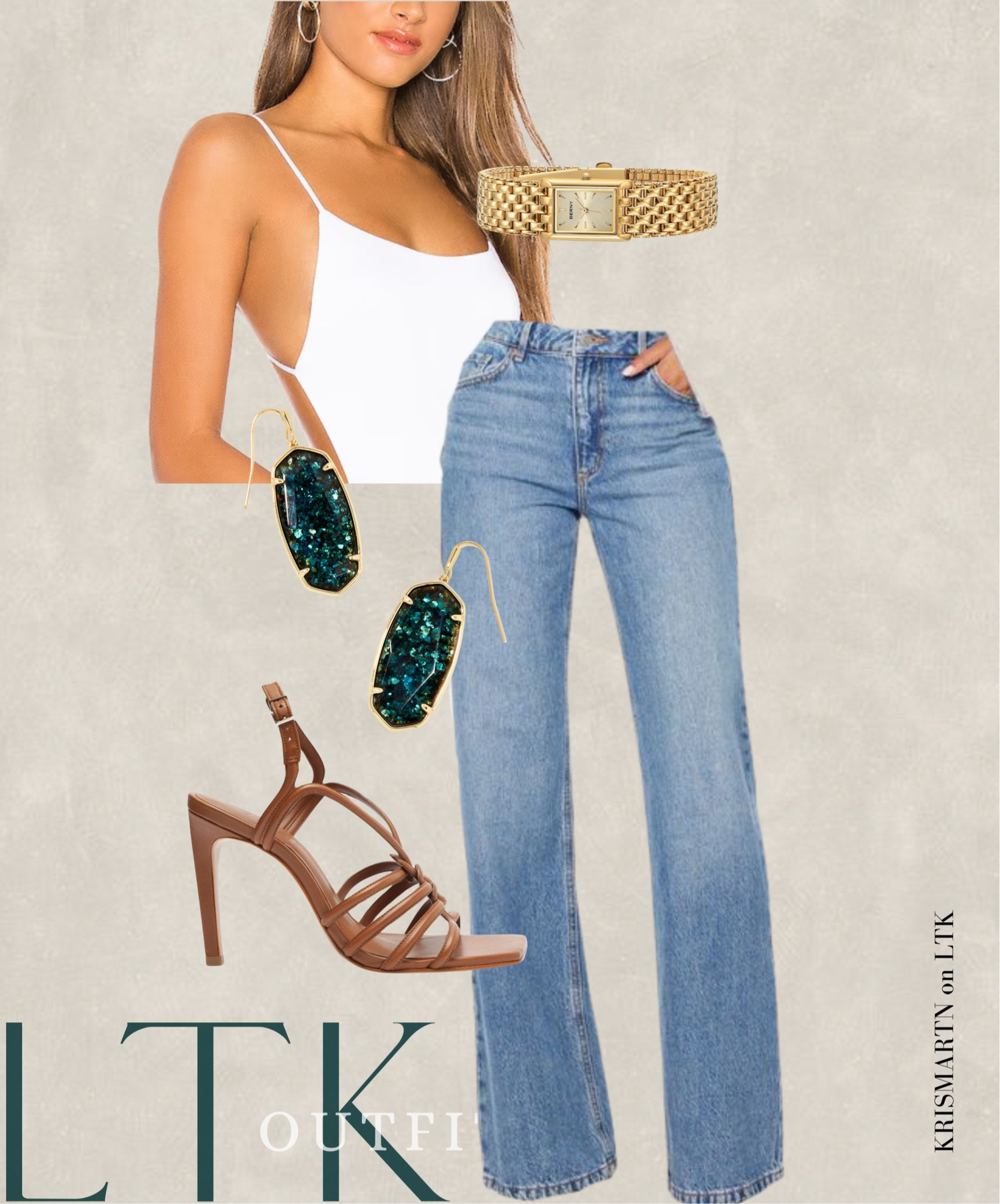 Classic Summer Outfit White Bodysuit Open Back Viral Denim Jeans Brown Strappy Summer Heels Green Emerald Kendra Scott Earring 

#LTKshoecrush #LTKSpringSale #LTKsalealert