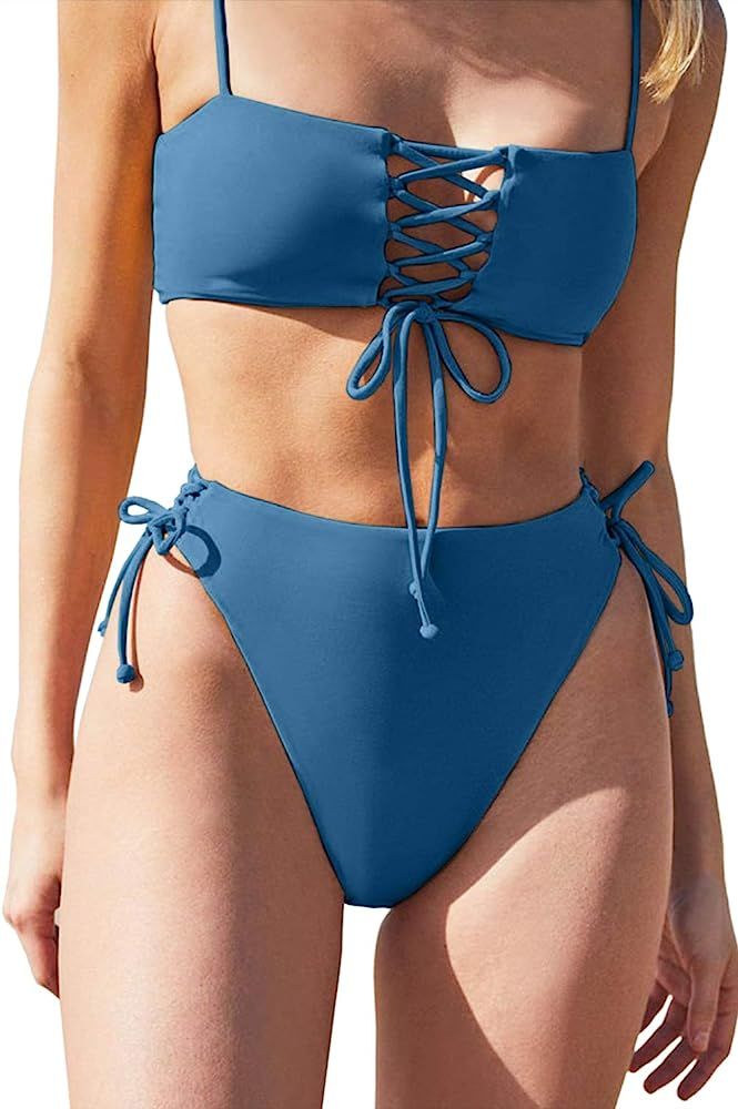 QINSEN Women's Spaghetti Strap Bandeau Lace Up High Waist 2PCS Bikini Set Simsuit | Amazon (US)