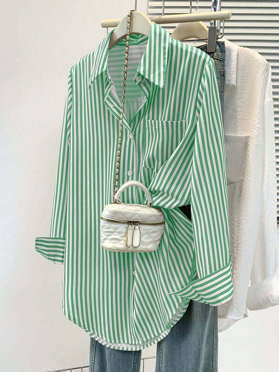 Women's Casual Basic Striped Pointed Collar Long Sleeve Shirt Blouse With Button Pockets, Suitabl... | SHEIN