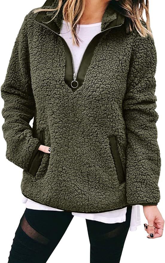 BTFBM Womens Fleece Sherpa Fuzzy Zipper Long Sleeve Loose Pullover Fashion Contrast Color-Block P... | Amazon (US)