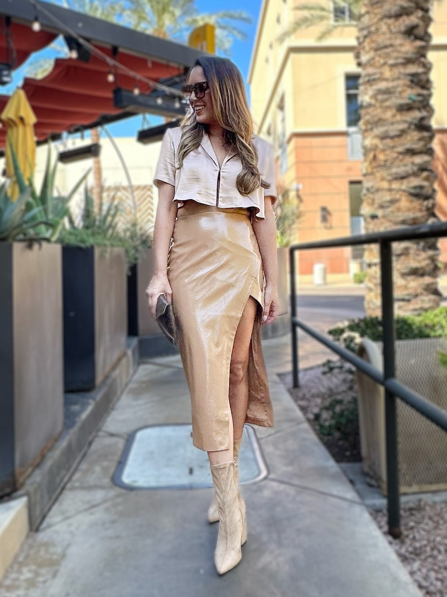 Loving this tonal fall outfit. Faux leather midi skirt runs TTS wearing small. Silky crop top sz small super versatile I also wear with trousers. Summer to fall outfit, date night outfit, skirt outfit, fall fashion trends 

#LTKSeasonal #LTKover40 #LTKfindsunder100