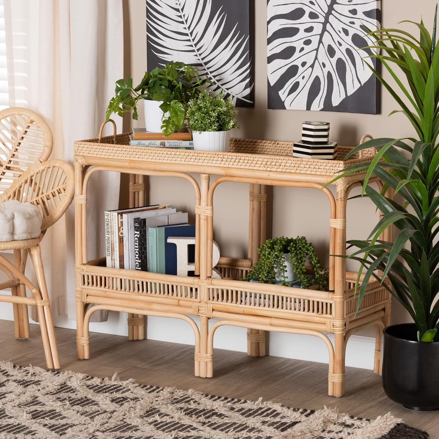 Bali & pari Lombok Modern Bohemian Natural Rattan 2-Tier Console Table | Amazon (US)