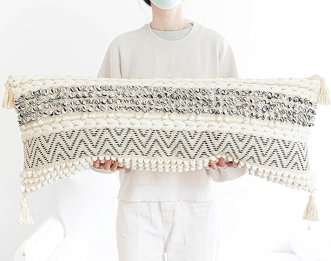 BLISSBLUSH Black Cream Lumbar Pillow Cover 14X36, Boho Woven Textured Lumbar Pillow Cover, Neutra... | Amazon (US)