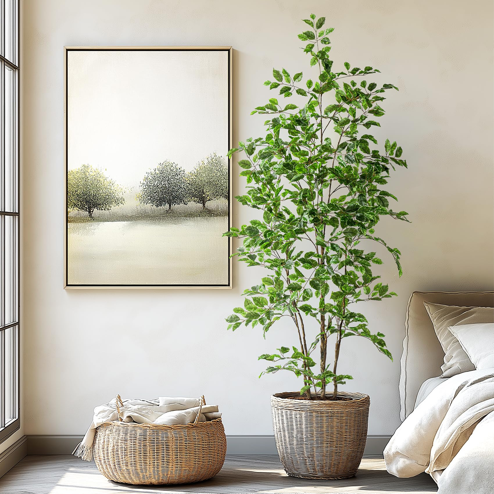 Artificial Ficus Tree Indoor 8ft, Large Potted Faux Tree with Realistic Silk Leaves & Trunk for H... | Amazon (US)