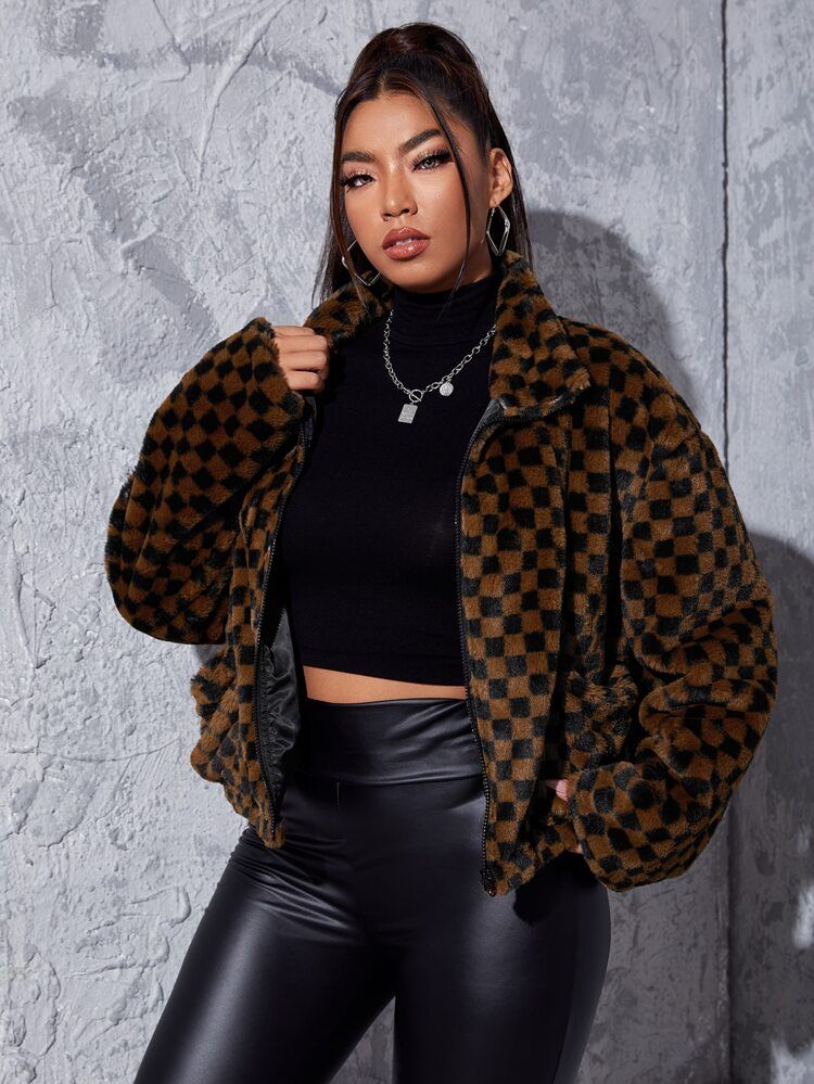 SHEIN EZwear Plus Checker Pattern Drop Shoulder Zip Up Coat | SHEIN