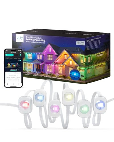 eufy Permanent Outdoor Light E120, 100ft with 60 Dual-LED RGB and Warm White Eave Lights, App Control, AI Light Design, Endless Themes for Halloween, Christmas Lights, Works with eufy cameras, T8L00 | Amazon (US)