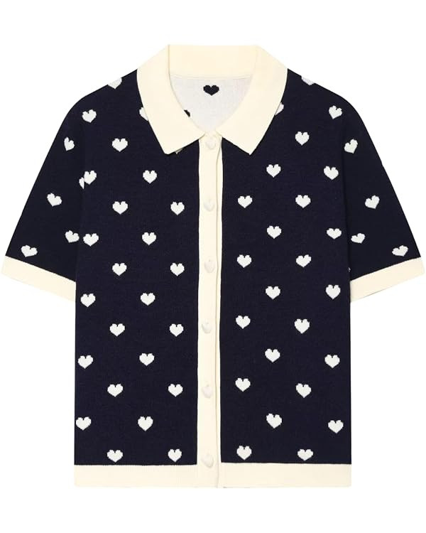 Chevara Women\u2019s Short Sleeve Heart Knit Cardigan Polo Collar Cropped Top | Amazon (US)