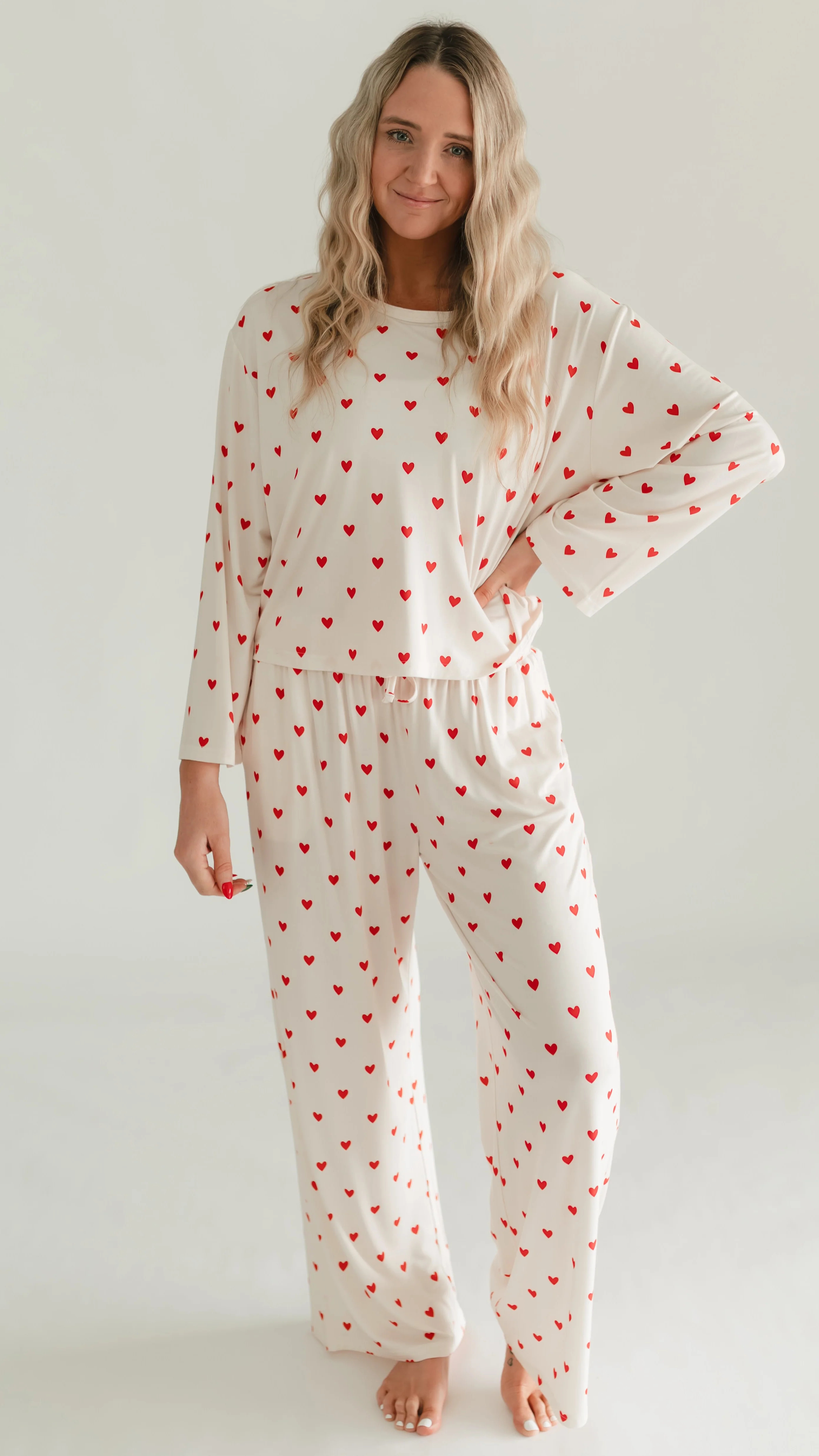 Women's Long Sleeve and Pants Set In Cream Valentine Hearts | Silks Design