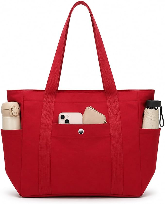 Medium Canvas Tote Bag with Zipper & Multi-Pocket, Heavy Duty Reusable Canvas Purse for Women Men... | Amazon (US)