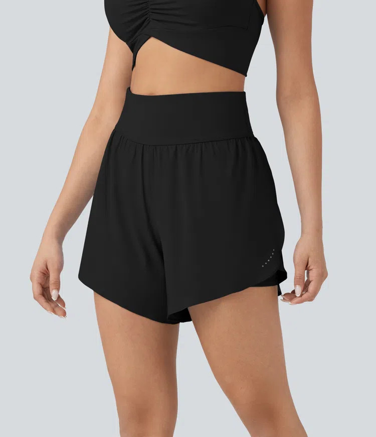 SoftlyZero™ QuickDry High Waisted Tummy Control Reflective Dots Crossover Hem 2-in-1 Running Sh... | HALARA