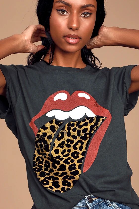 Rolling Stones Leopard Tongue Tour Washed Black Graphic Tee | Lulus (US)