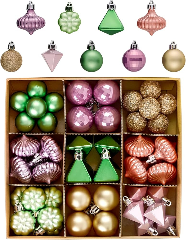 DecorbyHannah 45ct Christmas Ornaments Set, Shatterproof Assorted Mini Green Pink Christmas Ornam... | Amazon (US)