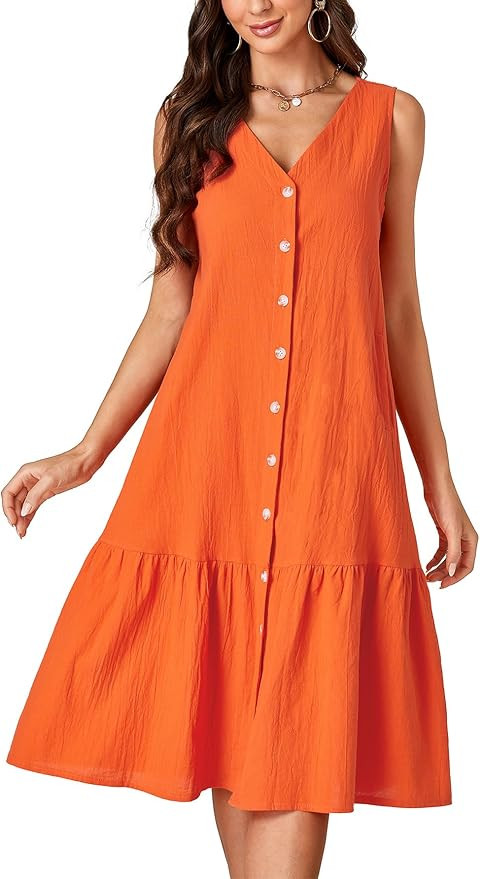 LYANER Women's V Neck Sleeveless Button Down Ruffle Casual Summer Midi Dress with Pockets | Amazon (US)