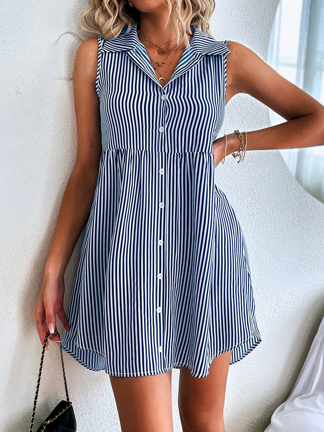 Vertical Striped Button Through Shirt Dress | SHEIN