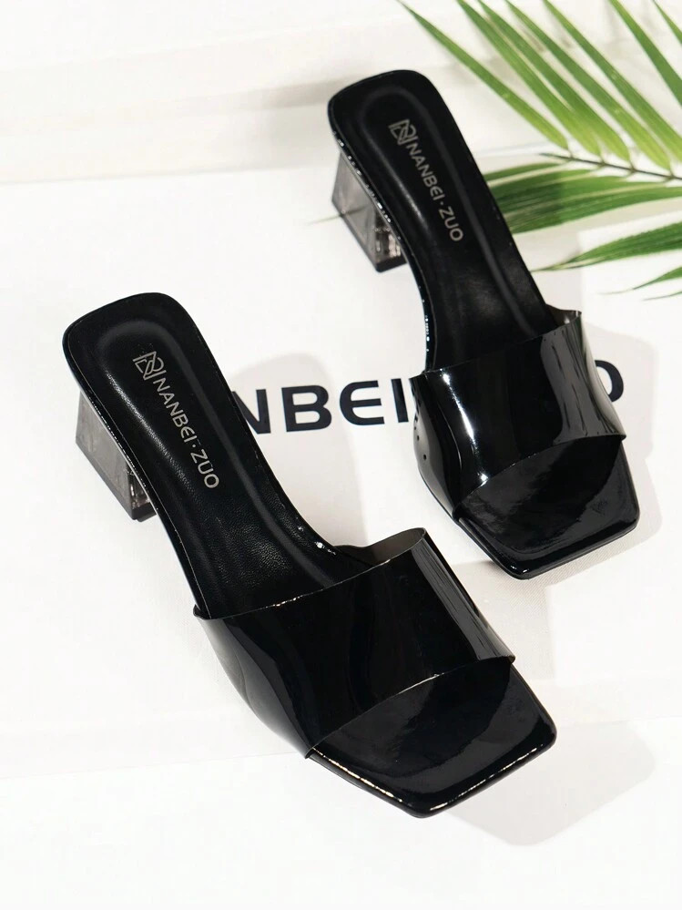 Wide Fit Black Elegant Square Toe One-Strap Crystal Embellished High Heel Sandals For Women, Fash... | SHEIN